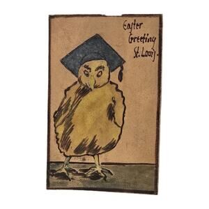 1907 Leather Postcard Easter Greeting Chick St Louis MO Embossed Hand Colored